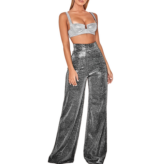 Women's Glitter Pants High-Waisted Wide-Leg - ShimmerGlow Grey