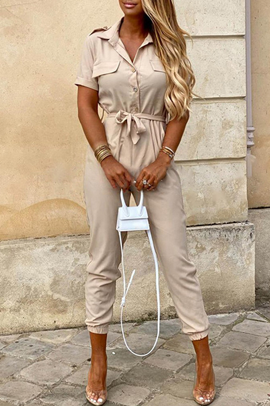 Elegant Women's Belted Jumpsuit with Shawl Collar - ChicStyle Apricot