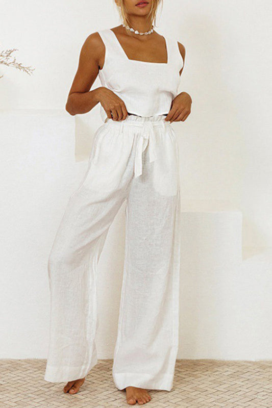 Women's Flowy Jumpsuit Set - Sleeveless Tie-Waist Romper - SummerEase White