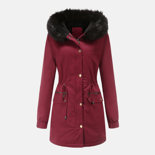Women's Longline Parka Jacket Faux Fur Hood - WinterCharm Maroon