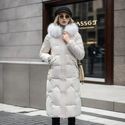 Women's Slim Fit Padded Coat Detachable Fur - WinterGlam White