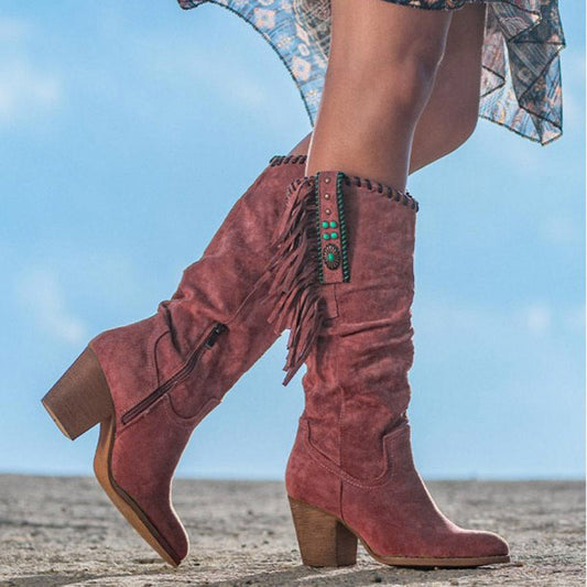 Women's Knee-High Western Boots Faux Suede Fringe Studded - UrbanStyle Red