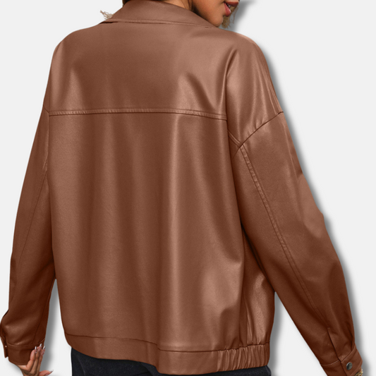 Women's PU Leather Biker Jacket Relaxed Fit Cropped - UrbanEdge