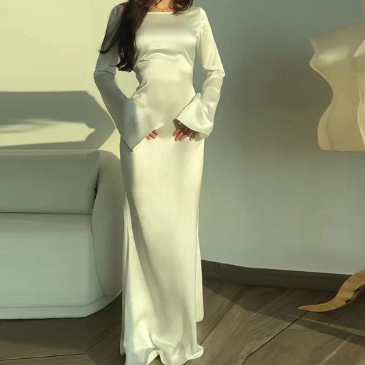 Satin Maxi Dress for Women - Floor Length Flared Sleeve - EveningFlair White