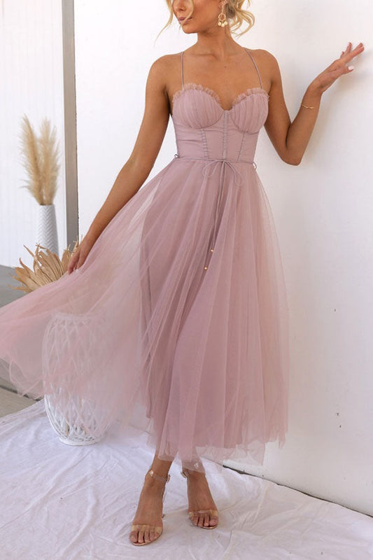 Women's Chiffon Maxi Dress - Elegant Flowy Tulle Overlay - GalaGown Pink