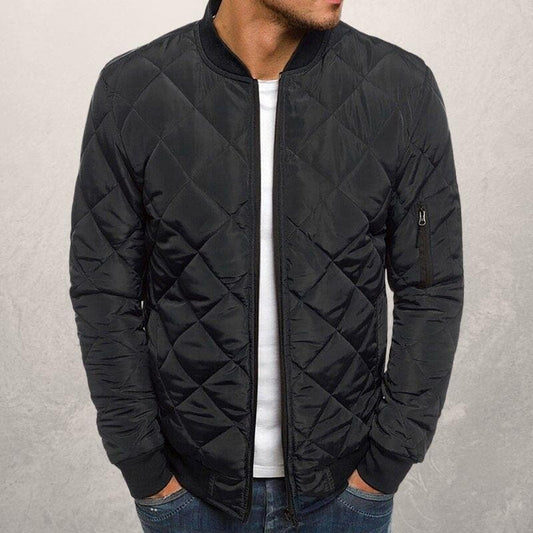 Men’s Bomber Jacket – Quilted Diamond Pattern – Wind Resistant – Ribbed Trim – Utility Pocket Black