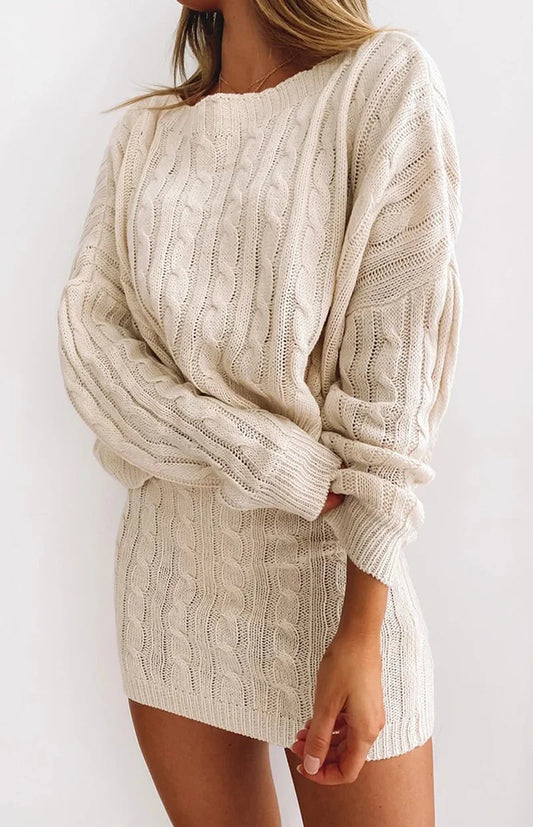 Women's Cable Knit 2-Piece Set - Cozy Sweater & Skirt - KnitHaven