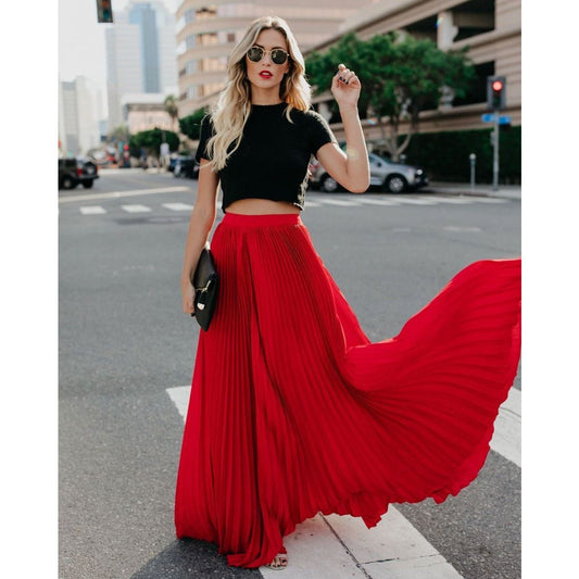 Women's High-Waist Maxi Skirt - Elegant Pleated Flowing Skirt - BellaBloom Red