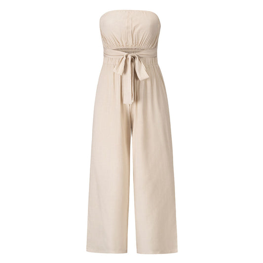 Strapless Casual Jumpsuit for Women Elastic Waist - SunVogue Apricot