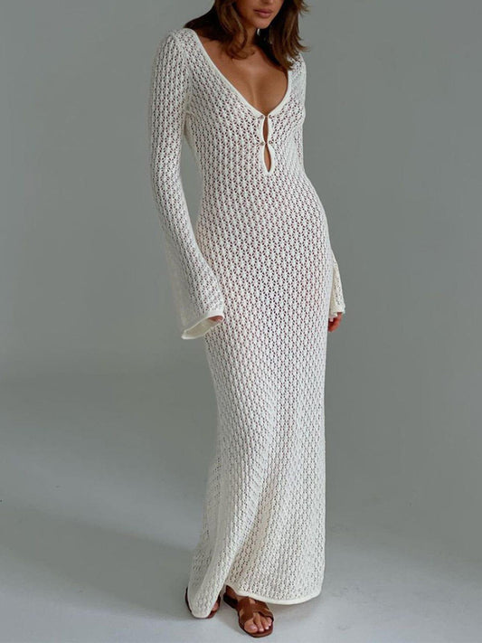 Women's Crochet Knit Maxi Dress - Breezy V-Neck, Beach Bella White