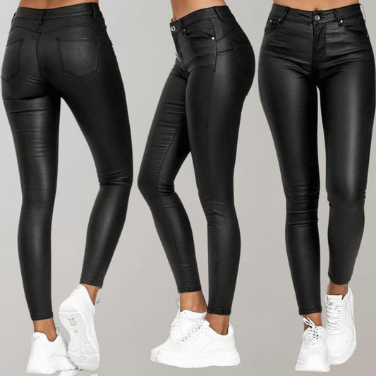 Women's High-Waisted Coated Pants - Stretch Skinny Ankle Trousers - LuxeFit