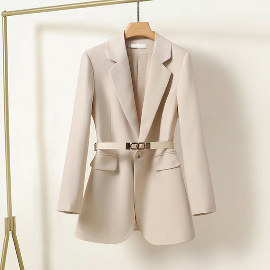 Women's Relaxed Fit Blazer Belted Waist - ChicStyle Beige