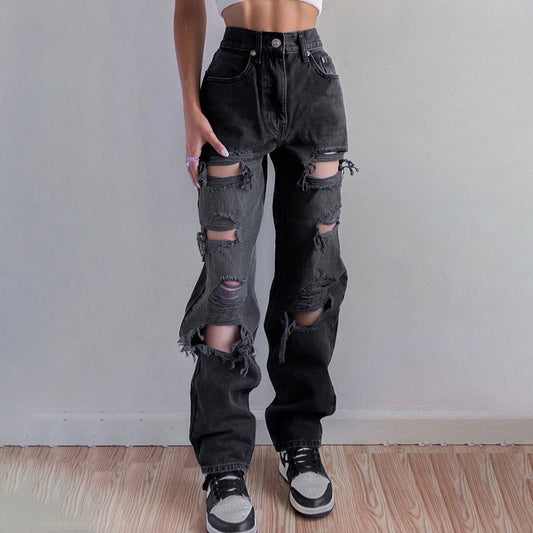 Ripped Jeans for Women Raw Hem Denim - EdgeWear Black