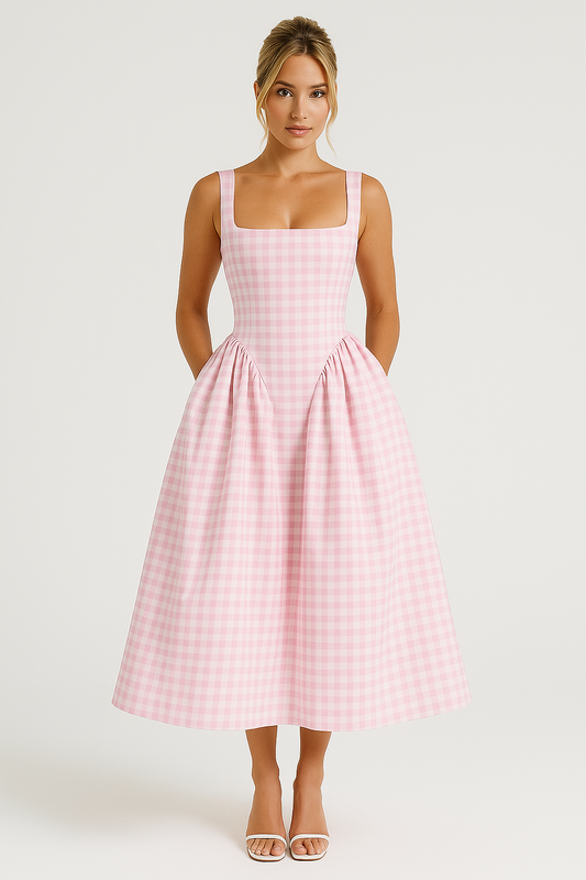 Women's Checkered Midi Dress - Elegant Princess Silhouette - Checkmate Charm Pink