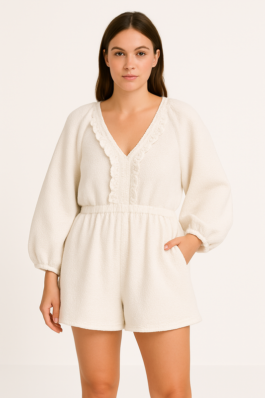 Women's Cotton Blend Romper V-Neck Puff Sleeve - RuffleDay White