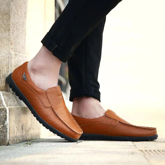 Men’s Leather Loafers - Slip-On - Moc Toe Stitching - Durable Rubber Sole Brown