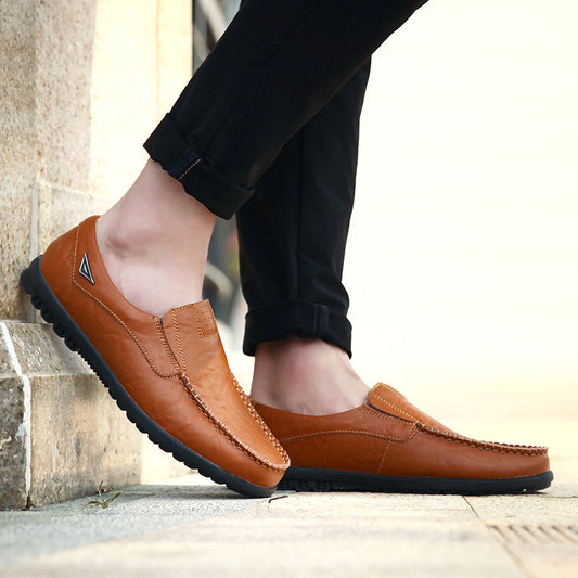Men’s Leather Loafers - Slip-On - Moc Toe Stitching - Durable Rubber Sole Brown