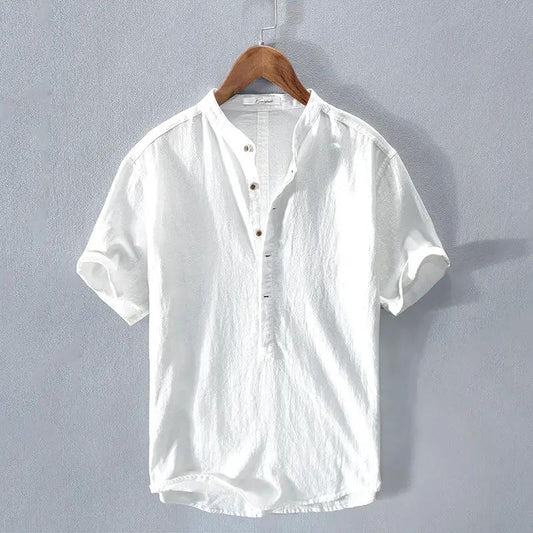 Men's Lightweight Mandarin Collar Shirt - Coastal Breeze White