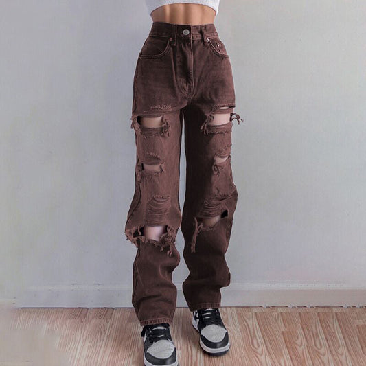 Ripped Jeans for Women Raw Hem Denim - EdgeWear Brown