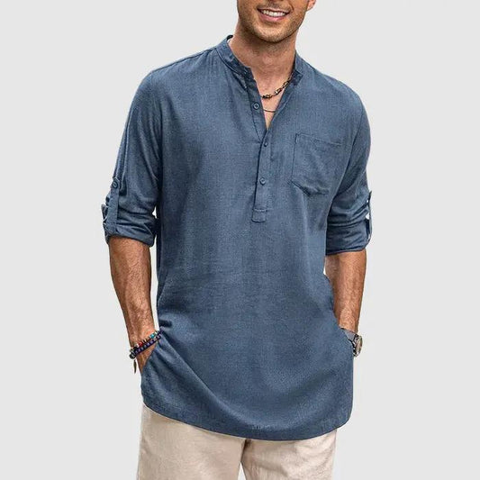 Men's Henley Shirt - Band Collar - Breathable Fabric - Long Sleeve Casual Fit Blue