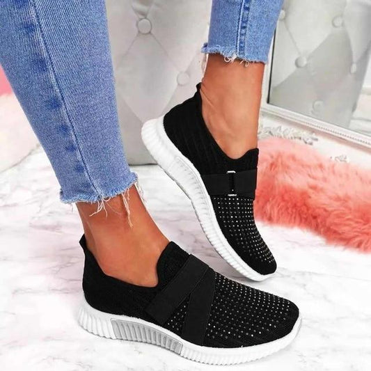 Women's Knit Slip-On Sneakers Velcro Strap - UrbanStride Black