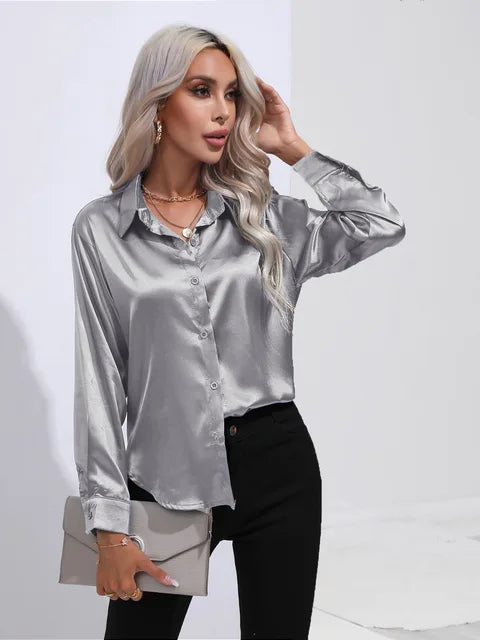 Women's Silky Satin Blouse, Long Sleeve, Elegant Style - SatinGlow Silver gray