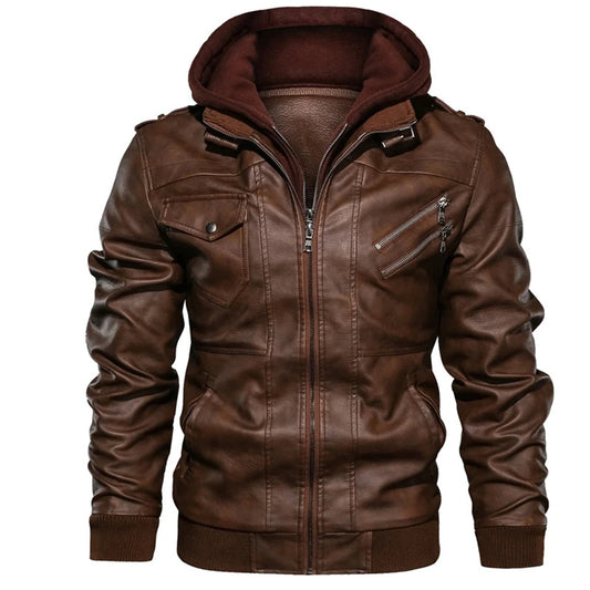 Men’s Leather Jacket – Fitted Silhouette – Hooded – Zip Pockets – Ribbed Cuffs & Hem Brown