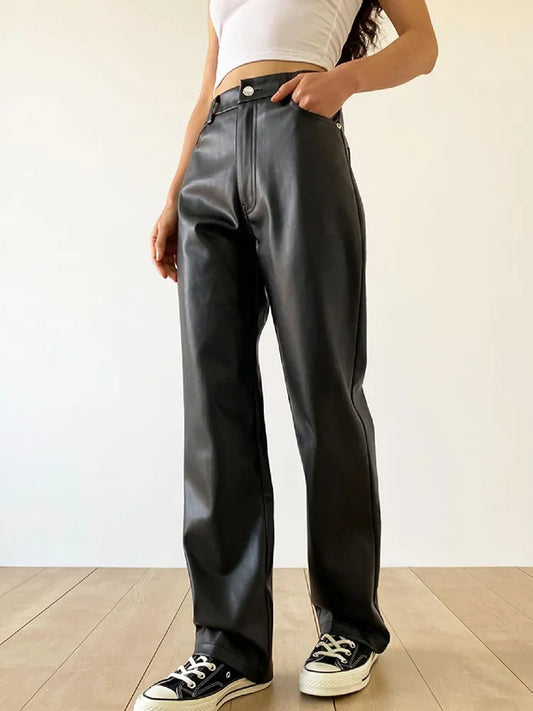 Women's Faux Leather Pants - High Waisted Wide Leg Chic Trousers - LuxeLeathers