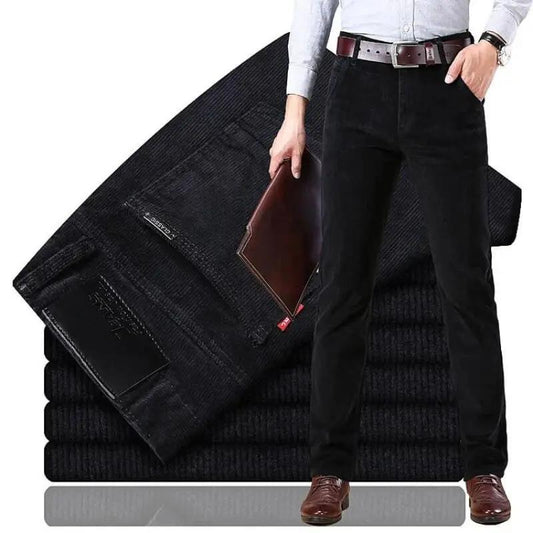 Menβs Corduroy Trousers β Tailored Fit β Straight Leg β Full Length β Button Waist Black