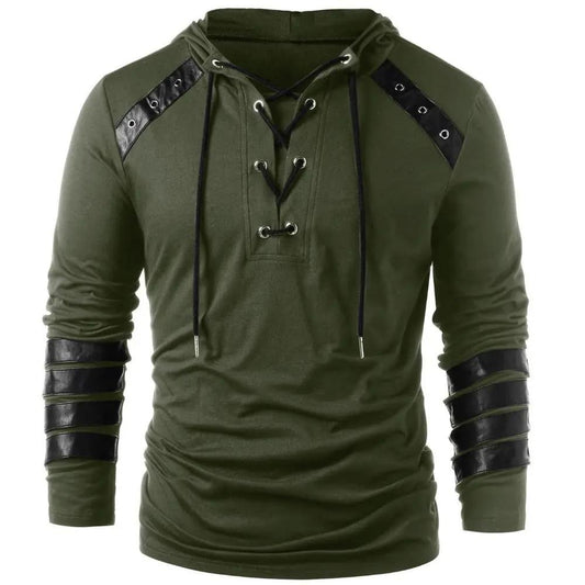 Men’s Hoodie - Lace-Up V-Neck - Faux Leather Panels - Long Sleeve Casual Wear Green