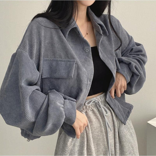 Women's Oversized Corduroy Shirt Jacket - Casual Chic Layer - CuddleCoat Grey