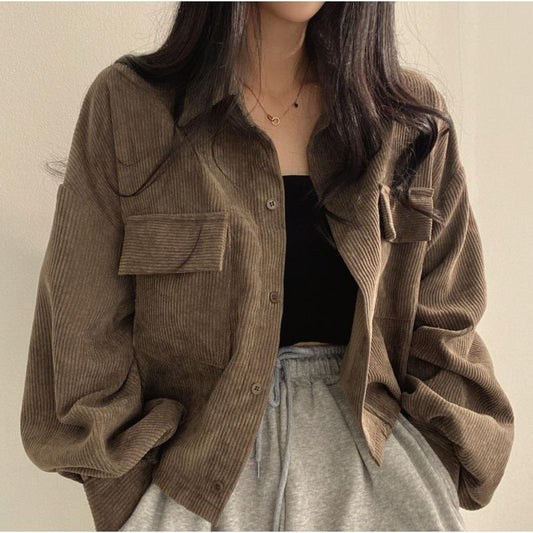 Women's Oversized Corduroy Shirt Jacket - Casual Chic Layer - CuddleCoat Brown