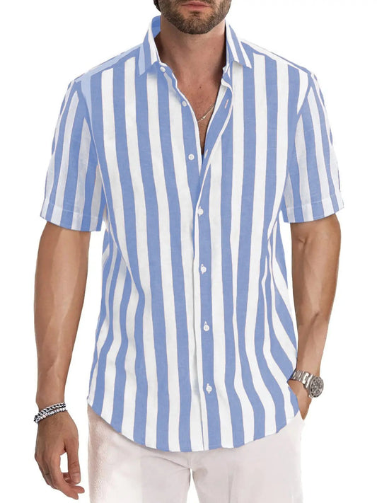 Men's Striped Button-Up Shirt - Relaxed Fit, Breathable - CoastalCool Blue