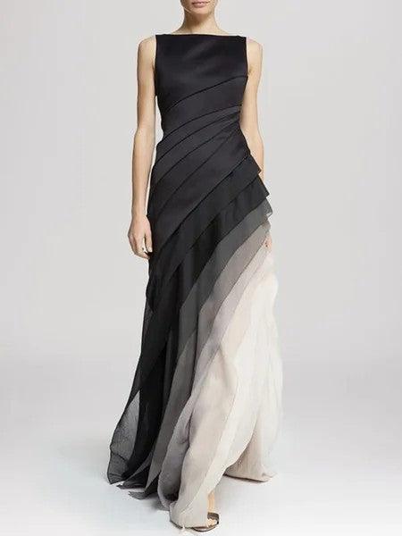 Women's Sleeveless Maxi Dress Flowing Layered Skirt - EveningMuse Black