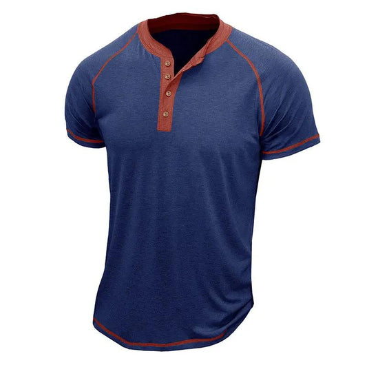 Men's Cotton Blend Henley Shirt Short Sleeve - StitchCraft Dark blue