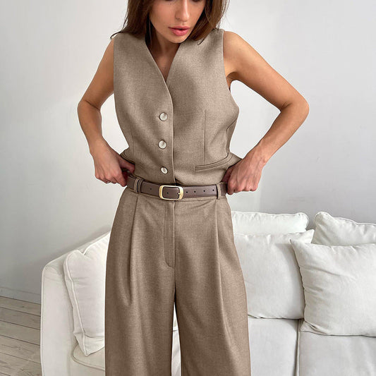 Women's Vest and Wide-Leg Pant Set - Chic Tailored Fit - ButtonBelle Khaki
