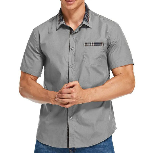 Men's Slim-Fit Short-Sleeve Shirt Stylish Check Trim - ModaStyle Grey