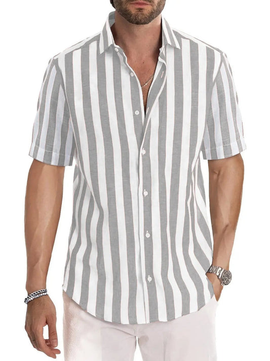 Men's Striped Button-Up Shirt - Relaxed Fit, Breathable - CoastalCool Grey