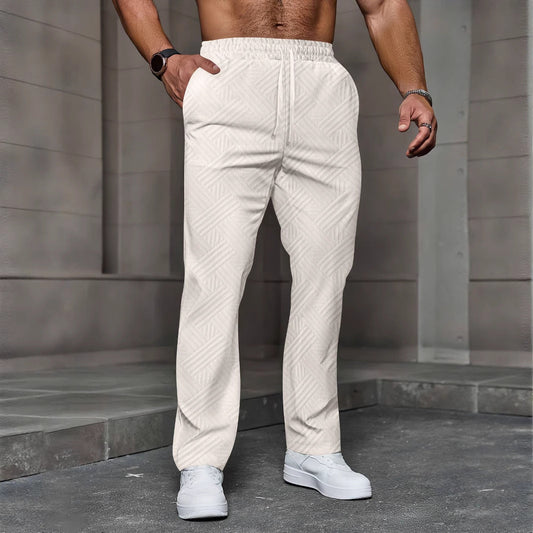 Men’s Joggers – Relaxed Fit – Cotton Blend – Full Length – Textured Casual Style White