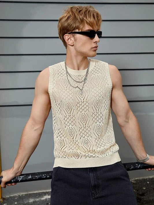 Men’s Crochet Tank Top - Sleeveless Geometric Knit - Lightweight & Breathable