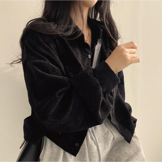 Women's Oversized Corduroy Shirt Jacket - Casual Chic Layer - CuddleCoat Black