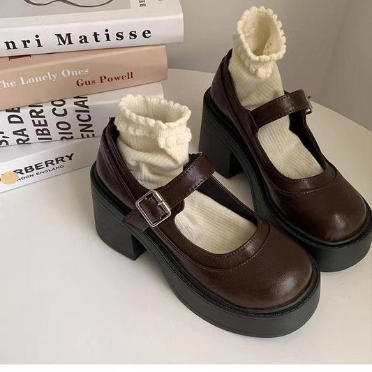 Women's Retro Platform Shoes Chunky Heel Faux Leather - VintageStride Brown