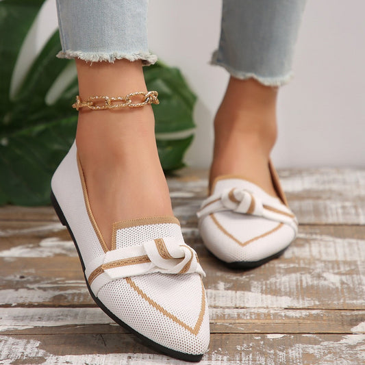 Women’s Flat Shoes – Pointed Toe – Soft Knit – Slip-On with Knot Detail – Versatile Fit Off White