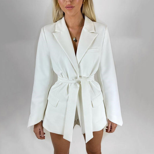 Longline Blazer for Women, Tailored Fit with Self-Tie - WaistDefined White