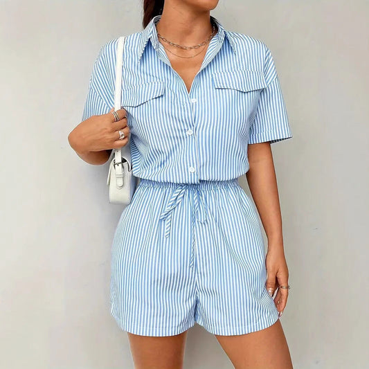 Women's Striped Romper Button-Front Cinched-Waist - BreezyDay