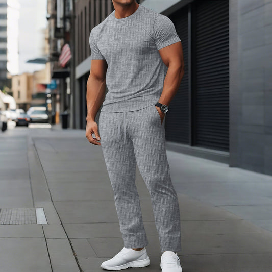 Men’s Athletic Trousers Set – Slim Fit – Stretch Fabric – Full Length Drawstring Waist Grey