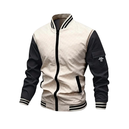 Men’s Bomber Jacket – Regular Fit – Zipper Front – Ribbed Trim – Patch Pocket Beige