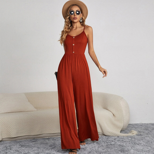Women's Cotton Blend Jumpsuit - Vintage Button, Wide Leg - EffortlessChic Orange