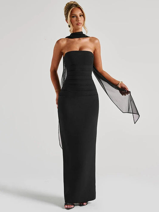 Women's Strapless Maxi Dress with Halter - EveningMuse