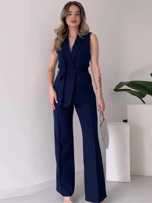 Women's Sleeveless Blazer Suit Set - Tailored Chic, Belted - PowerSuit